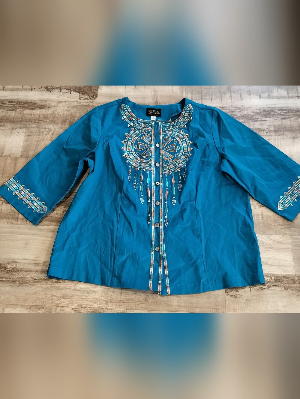 Bob Mackie Teal Embroidered Tunic Blouse